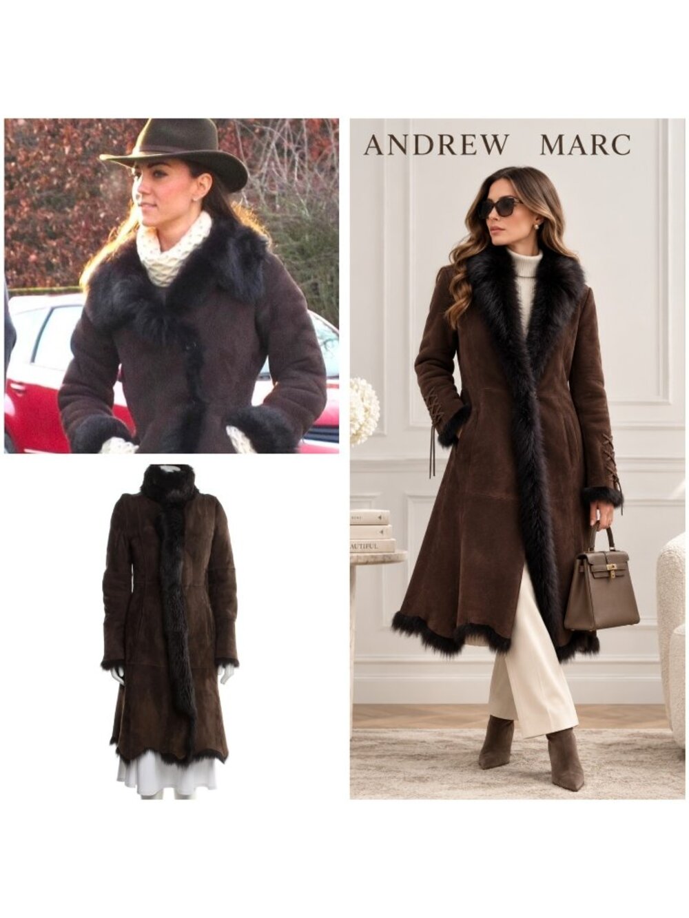 Andrew Marc 100% Lamb Shearling Suede Fur Trim Long Coat Brown L Made in Spain